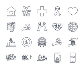 medical aids, charity and donations icon set, line style