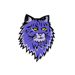 Sports mascot icon illustration of head of a Siberian Forest Cat, Moscow Semi-longhair, or Neva Masquerade, a medium to large size cat viewed from front on isolated background in retro style.