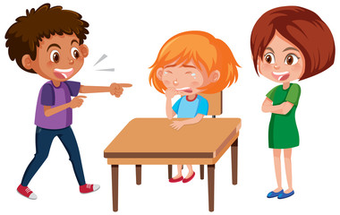 Domestic violence with kid bullying the others on white background