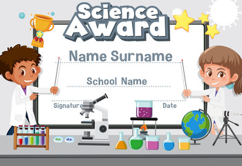 Certificate template design for science award with two students in lab