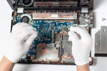 Man in white gloves holds screwdriver in his hands and repairs a laptop on a white background top...