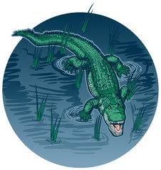 Open Mouth Alligator In Swamp Vector Illustration