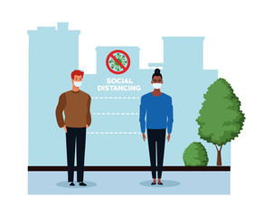 interracial couple using face mask for covid19 in the street