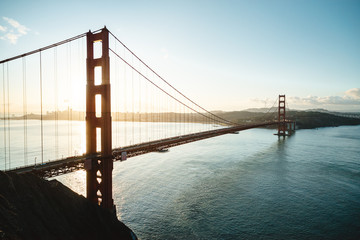 Drone image of the sunrise light-hitting San Francisco city. 