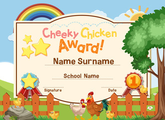 Certificate template for cheeky chicken award with chickens in the field