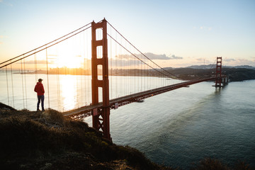 Golden Gate Bridge on a bright summer day in San Francisco. The photo was taken aerially from a drone.  