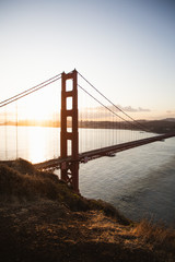Golden Gate Bridge on a bright summer day in San Francisco. The photo was taken aerially from a drone.  