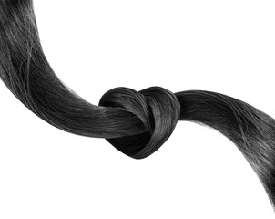 Heart made of dark hair strands on white background