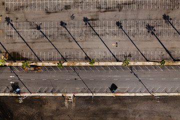 Top down drone photo of an empty car park in San Francisco, USA. 