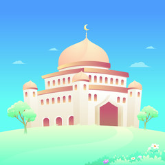 Fototapeta premium Mosque vector illustration with natural element, such us trees, grass. suitable for Ramadan Kareem flyer, poster, banner, greeting card, invitation card etc. 