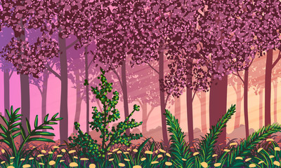 Spring landscape. Blossoming forest and flowers on ground at sunset. abstract vector illustration.