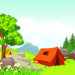 Summer camp vector illustration, with Camping tent on green hill, and beautiful scenery natural landscape
