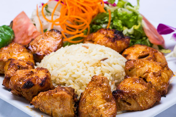 Chicken Kebab with rice and salad