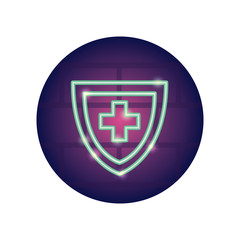 shield with medical cross icon, neon style