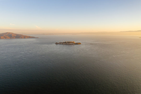 Drone image of the sunrise light-hitting San Francisco city. 