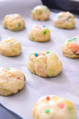 Baking tray with uncooked cookies, closeup