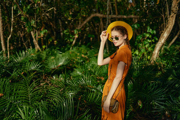 beautiful woman green leaves nature rest