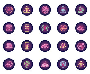 test tubes and covid 19 icon set, neon style