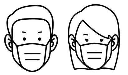 Man and woman in medical face protection mask. Vector icon concepts of disease, sickness, allergies, pollution, coronavirus.