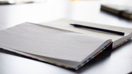 notebook and pen. notebook with pen on the table. soft focus blur