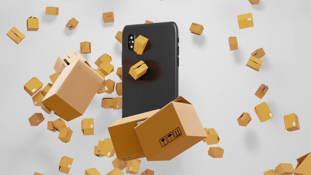Seamless Loop 3D render E-commerce Smartphone and Parcels Falling down with Shopping cart on Abstract Digital Display on the Screen