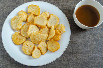 Pempek or empek-empek typical food from Palembang - Indonesia. made from tenggiri fish (Spanish mackerels), flour and other ingredients. 