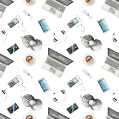 Watercolor seamless pattern with office equipment, laptop, smartphone, player, headphones on a white background