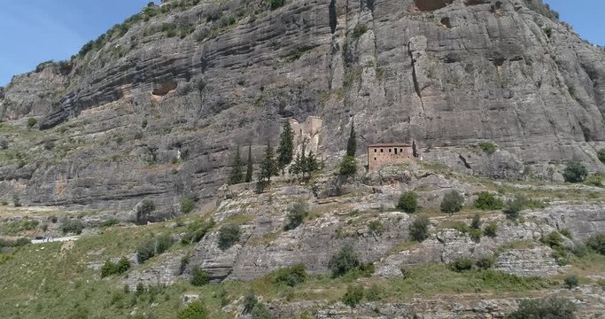 Beautiful view of Archeological Monument Church at the edge of a cliff in Nemea, Greece