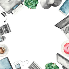 Watercolor square frame with office equipment, computer, camera