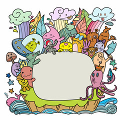 Set of funny cute monsters, aliens or fantasy animals   and Your text here .for t-shirts. Hand drawn line art cartoon vector illustration