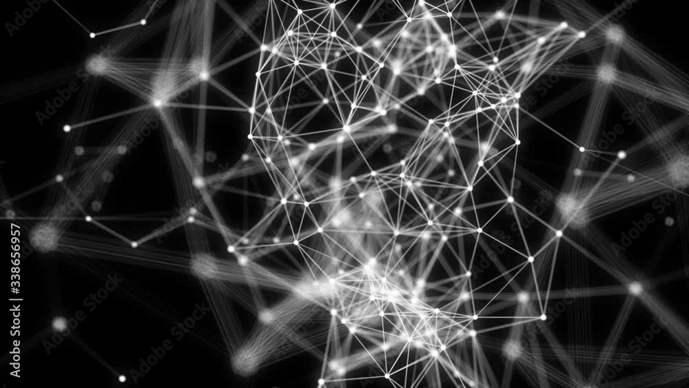 Poster Close up abstract white plexus structure in motion around at black background. 3d. Slow motion and shallow depth field