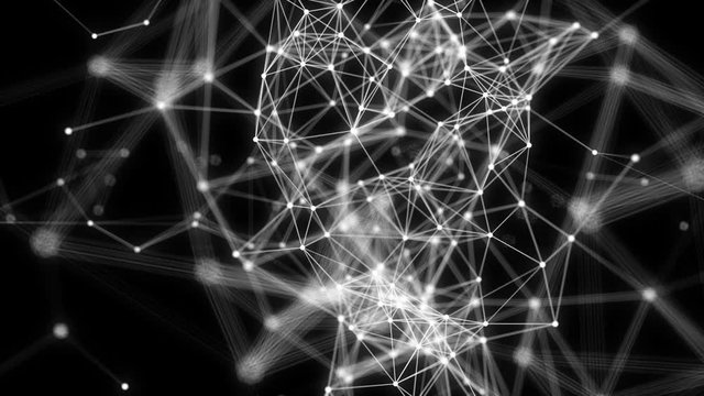 Close up abstract white plexus structure in motion around at black background. 3d. Slow motion and shallow depth field