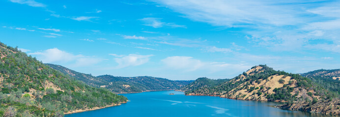 Aerial panorama of Don Pedro reservoir on Tuolumne River, Sierra Nevada foothills, California