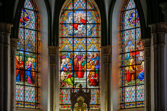 Colorful glass paintings in the church of Sanctuary Caraca, Minas Gerais, Brazil
