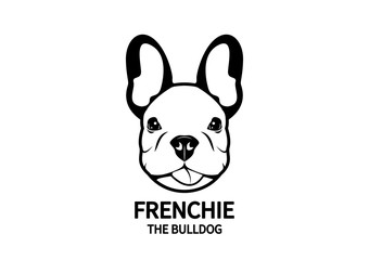 Adorable French Bulldog Head Portrait. Cute Frenchie with bunny ears and cheeky face in black & white logo.