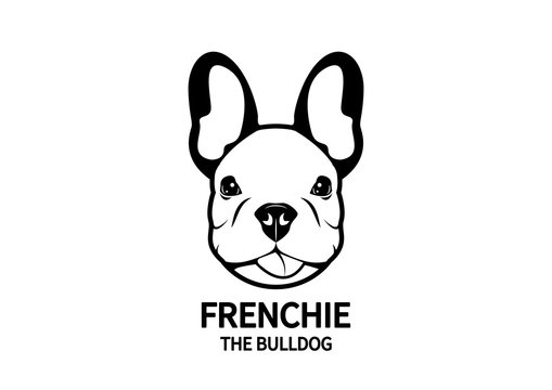 Adorable French Bulldog Head Portrait. Cute Frenchie with bunny ears and cheeky face in black & white logo.