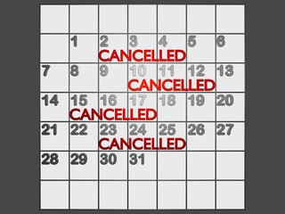 Calendar shows Cancellation all events and works all month because of crisis Covid-19 or Corona Virus every day. It effects to GIG economy and all people. Business concept