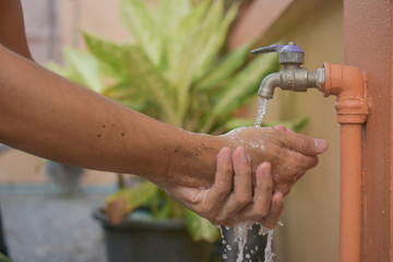 Close up people use Liquid soap cleaning hand safe corona virus 2019