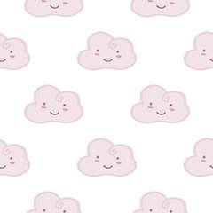 Cute smiling cloud sky seamless pattern on white background.