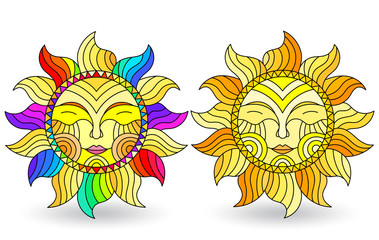 A set of stained-glass suns with faces on a white background isolates