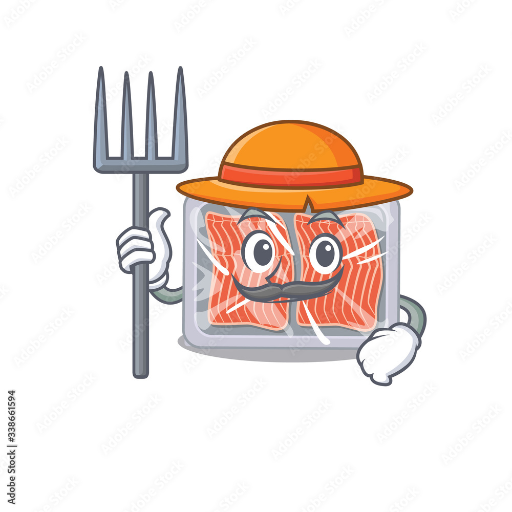 Wall mural cartoon character design of frozen salmon as a farmer with hat and pitchfork