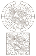 A set of contour illustrations with fish on a background of water and algae, dark outlines on a white background