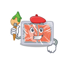 A creative frozen salmon artist mascot design style paint with a brush