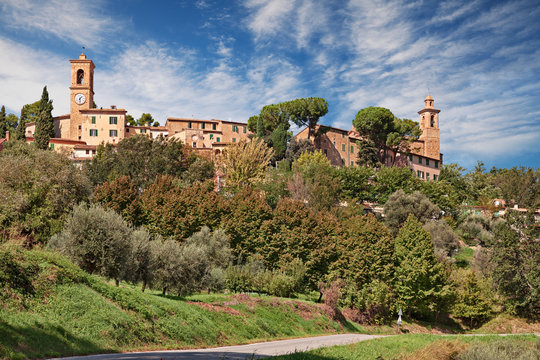 Castelbellino, Ancona, Marche, Italy: landscape of the picturesque countryside and the ancient village on the hill near Jesi