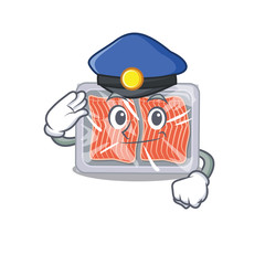 Police officer mascot design of frozen salmon wearing a hat