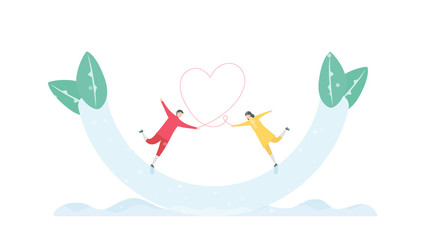 Lovers play ice skating. Scene is designed for winter season. Vector illustration is in flat style.