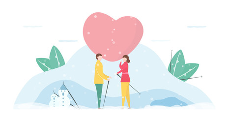 Man talks with his girlfriend. Couple of love design in winter season. Vector illustration in flat style.