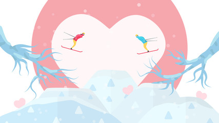 Romantic adults couple play ski. Character design of people in winter season. Vector illustration in flat style.