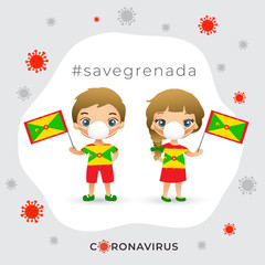 Fototapeta premium Set of boy and girl wearing surgical mask preventing coronavirus with national flag : Vector Illustration