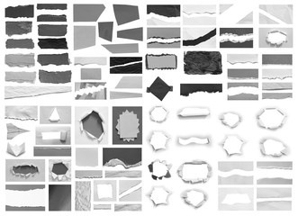 Collection of ripped torn paper isolated on white background